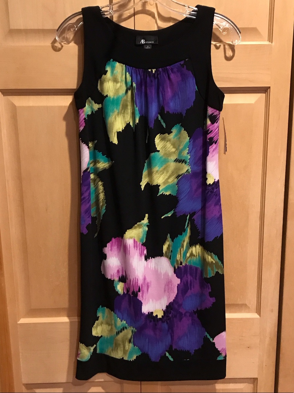 New AB Studio Black Dress with Purple, Pink & Teal Floral Print